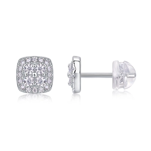 Macro shot of silver stud earrings with square halo design and clear zircon stones
