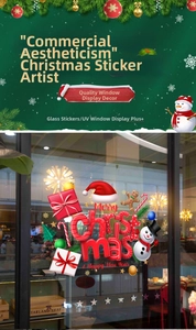 Detail of Santa and gingerbread man window stickers with Merry Christmas text for festive decor