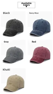 Detailed display of washed cotton baseball caps in black, navy, grey, red, and khaki colors