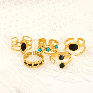 Retro 5-piece gold stainless steel ring set with blue and black stone embellishments