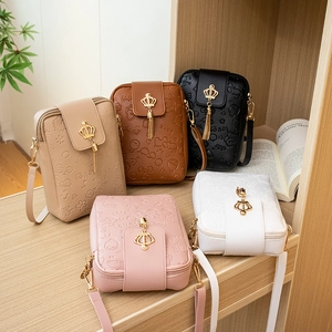 Women Mini Crossbody Phone Bag PU Leather Embossed Pattern Korean Style With Golden Crown Tassel Charm Fashionable Small