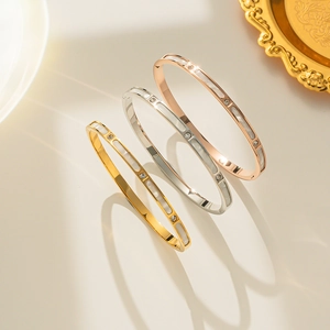 Titanium Steel Shell Rhinestone Inlaid Open Bangle For Women Elegant Rose Gold Silver Gold Fashion Jewelry Cuff Bracelet