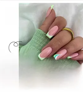 Detail showing green wave French press on nails with pink base and square tip shape