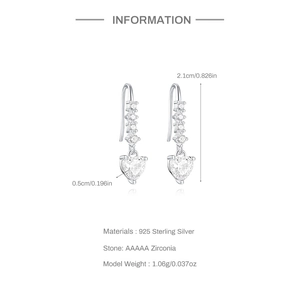 Detailed size measurement of S925 sterling silver heart earrings with AAAAA zircon stones