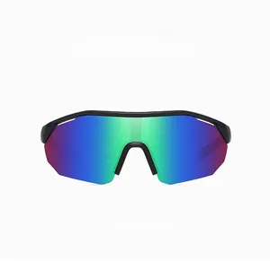 Detail of polarized cycling sunglasses with matte black frame and green gradient lenses