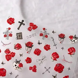 3D embossed dark gothic nail stickers with red roses and metal cross designs