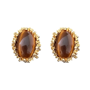 Vintage style gold-plated earrings featuring oval brown tiger eye stones in a palace design