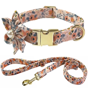 Pink floral pet collar and leash set with golden metal buckle and pearl flower decor