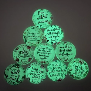 Glow in the dark 25mm round glass cabochons with floral patterns and Bible verses