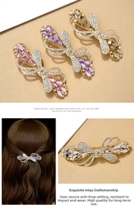 Macro detail of elegant hair clips with pink crystals and pearls on gold-plated metal