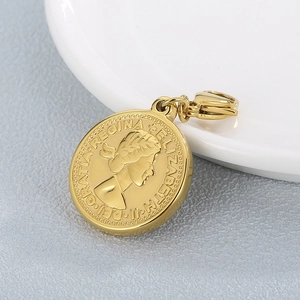 Vintage gold stainless steel coin pendant with Queen Elizabeth portrait and lobster clasp