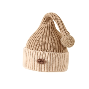 Warm winter baby knitted beanie with khaki patchwork design and plush pompom top