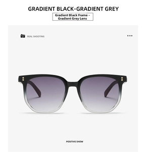 Detail of square gradient black frames with golden rivets and grey lenses