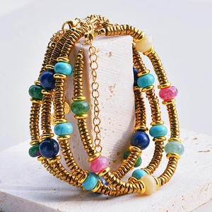Natural Stone Beaded Bracelet Gold Plated Stainless Steel Bohemian Retro Adjustable Jewelry For Women
