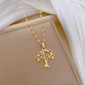 Golden tree of life necklace with sparkling rhinestones and elegant lip chain links