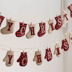 Bannière de Lettres en Feutre de Laine de Noël Plaid Rouge Chaussette Gant Guirlande d'Arbre pour Décoration Murale de Fête