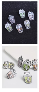 Set of 6 cute animal enamel pins featuring boba tea designs like panda and bunny
