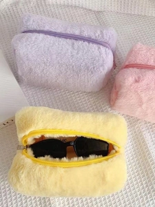 Sweet macaron-colored plush makeup bags in purple, pink and yellow with large capacity