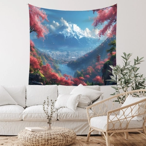 Detail of Mount Fuji tapestry featuring cherry blossoms and pagoda in a minimalist room