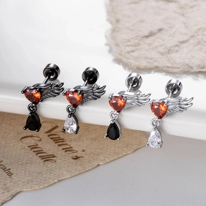 Angel Wing Ear Cartilage Stud Titanium Steel Heart Teardrop Zircon Screw Back Piercing Jewelry Gothic Style
