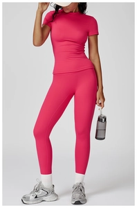 Rose pink high-waisted yoga leggings and short sleeve top sports set for women