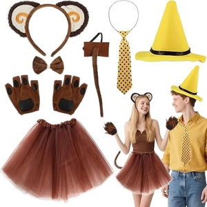Brown monkey costume set with ears headband tail and yellow hat for cosplay parties