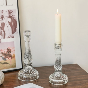 European vintage ribbed glass candle holder set with diamond texture for home decor