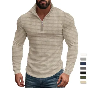 Men Sweatshirt Waffle Knit 1/4 Zipper Stand Collar Long Sleeve Slim Fit Casual Jacquard Plain Top