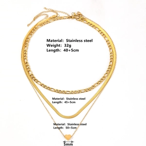 Three-layer 18k gold plated stainless steel heart necklace with figaro and snake chains