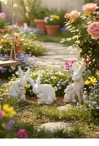 Vue détaillée de trois lapins décoratifs blancs en résine dans un jardin