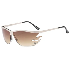 Futuristic flame shaped sunglasses with silver metal frame and brown gradient lenses
