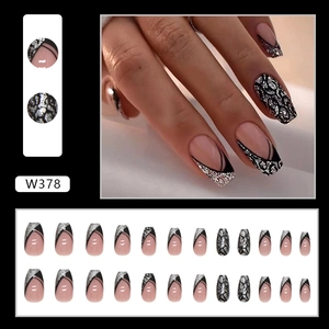 French leopard print press-on nails in long coffin shape with silver glitter accents