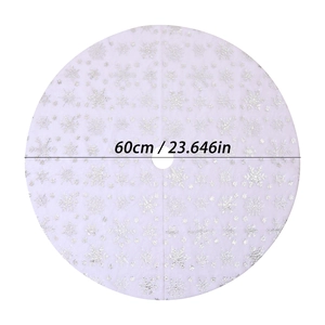 Detail view of 60cm white plush Christmas tree skirt with silver sequin snowflakes