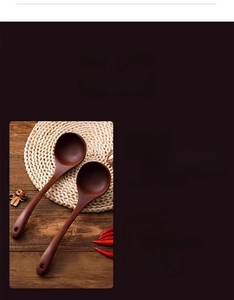 Macro detail of long-handle ebony wood soup ladle with hanging hole and care instructions