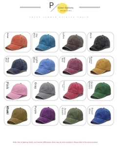 Grid display showing 16 colors of vintage washed cotton baseball caps with a retro finish