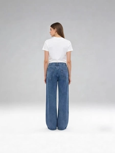 Women's dark blue wide leg jeans with high waist design shown from a back view profile