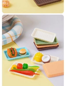 Miniature dollhouse food set with realistic resin snacks on woven plastic trays