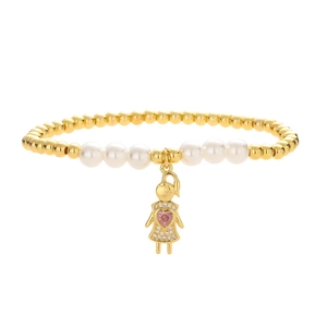 Elastic beaded bracelet with gold beads, white pearls, and a gold girl pendant charm