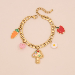 Gold charm bracelet featuring mushroom, carrot, chili, daisy and heart pendants for women