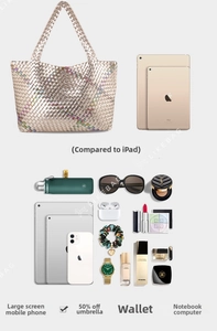 Detail view of woven tote bag spacious interior with tablet and cosmetics layout