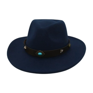 Dark blue wide brim wool fedora hat with turquoise gemstone and vintage studded belt