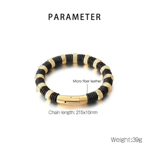 Detail view of black microfiber leather bracelet with gold textured spacers and clasp