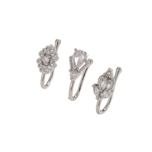 Three-piece set of silver heart and flower nose clips with full cubic zirconia inlay