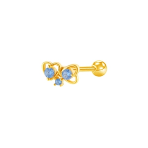 Detail of gold butterfly heart ear stud with light blue gems and ball screw back