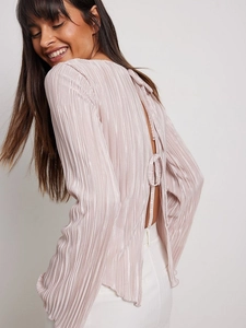 Women Pleated Long Sleeve Top Polyester Spandex Back Tie Lace Up Elegant Slim Fit Flared Sleeve Lettuce Edge Hem Shirt