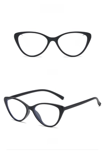 Front and 45-degree side view of matte black cat eye frames with blue light blocking lenses