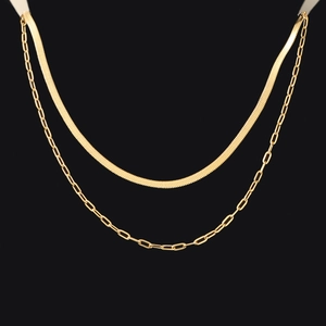 Detail of gold double-layered necklace featuring flat snake chain and paperclip links