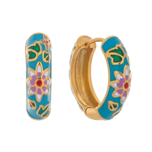 Detail of gold-plated hoop earrings with turquoise enamel and colorful floral patterns