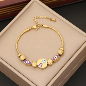 Retro golden stainless steel snake chain bracelet with colorful evil eye charms