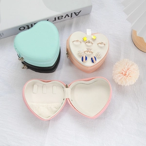 Heart Shaped Jewelry Organizer Box PU Leather Portable Storage Case For Rings Earrings Necklaces Zipper Travel Small Cute